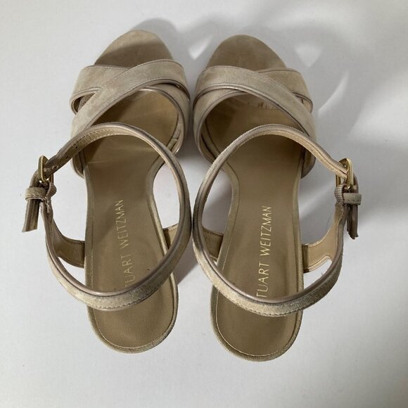 Womens Stuart Weitzman Suede Tan Gold Heeled Sandals 9N - Picture 4 of 10